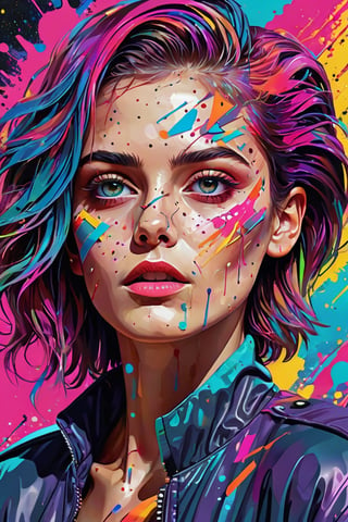 women, lady, geometric, extreme quality, cg, detailed face+eyes, (bright colors), splashes of color background, colors mashing, paint splatter, complimentary colors, electric, neon, magical, mick jager, impatient, (limited palette), synththwave, masterpiece, fine art, upperbody, Leonardo Style, Movie Still, vector art, illustration,vector art illustration,aesthetic portrait