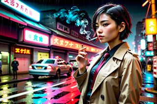 a beautiful confident asian girl with short black hair shaved on one side, wet hair, one (mechanical arm+), wearing beige trenchcoat, (black shirt++), (maroon tie++), (smoking a cigarette++), cyberpunk aesthetic, police, (detective+++), raining, at night (dark), under bridge, police cars, police sirens (red and blue), (red and blue neon lights), tokyo, 1girl, 

foggy at background, depth of field, bokeh, into the dark, deep shadow, cinematic, masterpiece, best quality, high resolution,1 girl,best quality