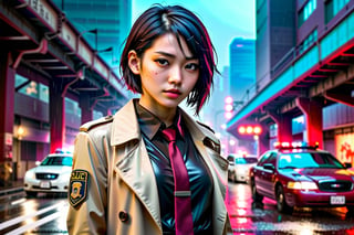 a beautiful confident asian girl with short black hair shaved on one side, wet hair, one (mechanical arm+++), wearing beige trenchcoat, (black shirt++), (maroon tie++), cyberpunk aesthetic, police, (detective+++), raining, at night (dark), under bridge, police cars, police sirens (red and blue), (red and blue neon lights), tokyo, 1girl, 

foggy at background, depth of field, bokeh, into the dark, deep shadow, cinematic, masterpiece, best quality, high resolution,1 girl,best quality