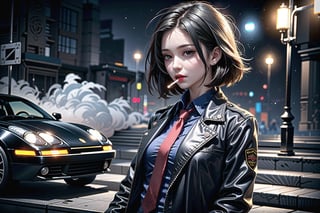 a beautiful confident asian girl with short black hair shaved on one side, wet hair, one (mechanical arm+), wearing brown trenchcoat, (black shirt++), (maroon tie++), (smoking a cigarette++), cyberpunk aesthetic, police, (detective+++), raining, at night (dark), under bridge, police cars, police sirens (red and blue), (red and blue neon lights), tokyo, 1girl, 

foggy at background, depth of field, bokeh, into the dark, deep shadow, cinematic, masterpiece, best quality, high resolution,1 girl,