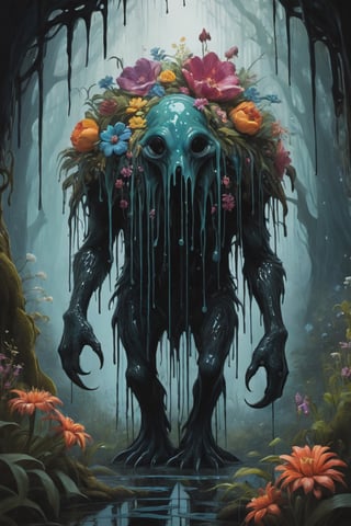 Stylized, intricate, detailed, artistic, dripping paint, massive terrifying creature, flowers, enchanted forest, creepy aesthetic,