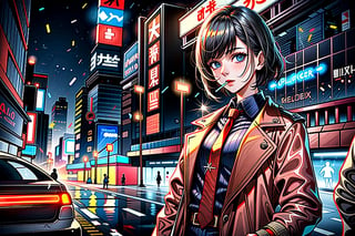 a beautiful confident asian girl with short black hair shaved on one side, wet hair, one (mechanical arm+), wearing brown trenchcoat, (black shirt++), (maroon tie++), (smoking a cigarette++), cyberpunk aesthetic, police, (detective+++), raining, at night (dark), under bridge, police cars, police sirens (red and blue), (red and blue neon lights), tokyo, 1girl, 

foggy at background, depth of field, bokeh, into the dark, deep shadow, cinematic, masterpiece, best quality, high resolution,1 girl,