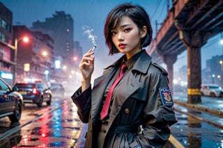 a beautiful asian girl with short black hair shaved on one side, one robotic arm, smoking a cigarette, cyberpunk aesthetic, police, (detective+++), wearing black trenchcoat, black shirt, maroon tie, raining, at night (dark), under bridge, police cars, police tape, police sirens (red and blue), full body shot,

foggy at background, depth of field, bokeh, into the dark, deep shadow, cinematic, masterpiece, best quality, high resolution