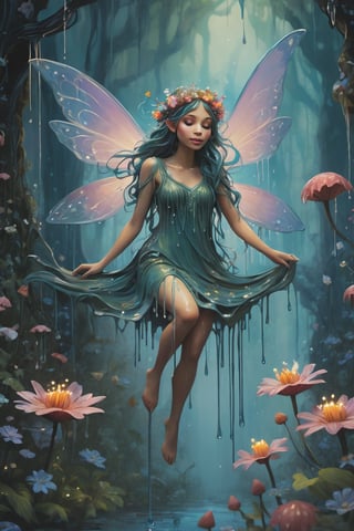 Stylized, intricate, detailed, artistic, dripping paint, (tiny fairy woman), flying, flowers, enchanted forest, creepy aesthetic,