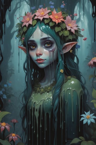 Stylized, intricate, detailed, artistic, dripping paint, creepy elf girl, flowers, enchanted forest, creepy aesthetic, dark,