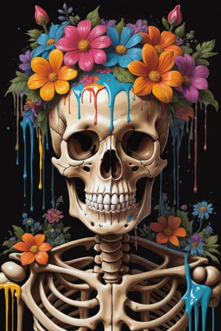 Stylized, intricate, detailed, artistic, dripping paint, human skeleton, facing viewer, psychedelic, flowers, dark background,