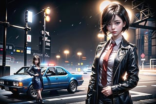 a beautiful confident asian girl with short black hair shaved on one side, wet hair, one (mechanical arm+), wearing beige trenchcoat, (black shirt++), (maroon tie++), (smoking a cigarette++), cyberpunk aesthetic, police, (detective+++), raining, at night (dark), under bridge, police cars, police sirens (red and blue), (red and blue neon lights), tokyo, 1girl, 

foggy at background, depth of field, bokeh, into the dark, deep shadow, cinematic, masterpiece, best quality, high resolution,1 girl,
