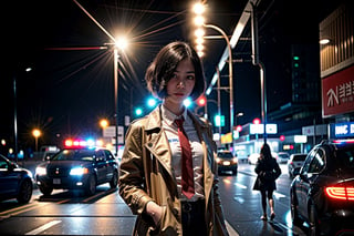 a beautiful confident asian girl with short black hair shaved on one side, wet hair, one (mechanical arm+), wearing beige trenchcoat, (black shirt++), (maroon tie++), (smoking a cigarette++), cyberpunk aesthetic, police, (detective+++), raining, at night (dark), under bridge, police cars, police sirens (red and blue), (red and blue neon lights), tokyo, 1girl, 

foggy at background, depth of field, bokeh, into the dark, deep shadow, cinematic, masterpiece, best quality, high resolution,1 girl,