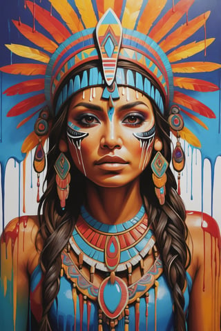 Stylized, intricate, detailed, artistic, dripping paint, aztec woman, facing viewer, psychedelic,