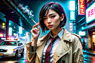 a beautiful confident asian girl with short black hair shaved on one side, wet hair, one (mechanical arm+++), wearing beige trenchcoat, (black shirt++), (maroon tie++), smoking a cigarette, cyberpunk aesthetic, police, (detective+++), raining, at night (dark), under bridge, police cars, police sirens (red and blue), (red and blue neon lights), tokyo, 1girl, 

foggy at background, depth of field, bokeh, into the dark, deep shadow, cinematic, masterpiece, best quality, high resolution,1 girl,best quality