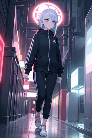 Lucy, short hair, multicolored hair, blunt bangs, asymmetrical hair, sidelocks, makeup, red eyeliner, red lips, 1girl,

wearing black adidas tracksuit, adidas sneakers,

cyberpunk city, neon lights,