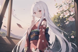 masterpiece, best quality, high resolution, illustration, hyper detailed, 8k cg wallpaper, 1boy, ray tracing, ((white hair: 1.2)), ((long hair: 1.2)), red eyes , ((straight hair: 1,2)),,(hiten1:0.8)((kimono:1.2)),((separate sleeves:1.2)),((floral print:1.1))