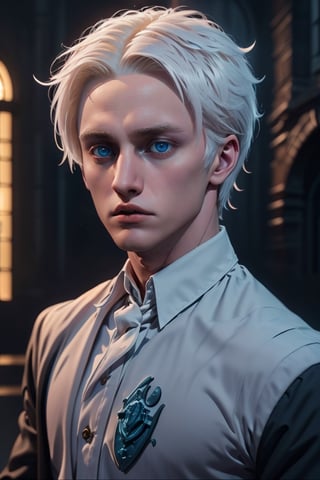 Draco Malfoy de Harry Potter, cabello plateado y ojos azules. 

Mirada amenazadora, rostro hermoso, belleza masculina 