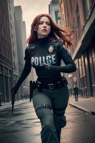 (high quality, masterpiece, heroic pose, Resident Evil video game cover image)woman slim body running for her life, running desesperante, european face anatomy and physiognomy,  redhead woman long hair. Style of Resident Evil,  Raccoon city, street background destriot, a gun in hand ready to shoot, shootgun,  (cinematic  Resident Evil),  (Saturation  colors,  dim colors,  soothing tones:1.3),  low saturation,  natural redhead me woman long, Loose long red hair, angry and tension expression in eyes,  the color of eyes green like jade,  and the test of the uniform tall,( Custome police uniforme policíal con pantalón y todo cerrado. Uniforme grande). 


(Fondo Alta calidad, fluidez de la imagen en movimiento, personas luchando fondo deciudad de Boston en caos, Boston city, ciudad en Apocalipsis. Aura oscura en la imagen)