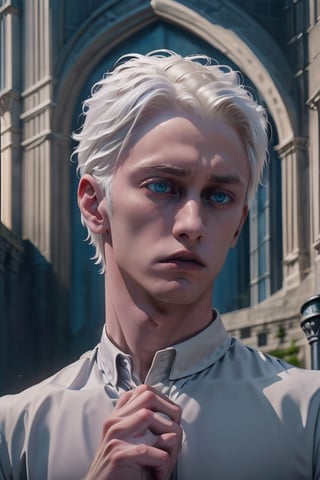 (Draco Malfoy de Harry Potter , cabello plateado medianamente más largo y ojos azules.)

Mirada amenazadora, rostro hermoso definido, belleza masculina angelical.
Fondo de castillo de Howards.

Traje de Draco Malfoy tela negra gamusada. Dga de plata en mano