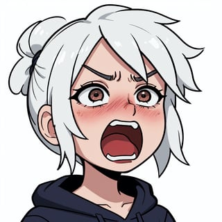 (masterpiece, best quality, ultra-detailed, best shadow), 1 girl, jett, white hair, (white background), empty background, (beautiful detailed face), gray hoodie, jett \(valorant\), brown eyes, (appal, scare,scream, fun, medium eyes), looking away,aquascreaming,valorantJett, blush, hair tie,screaming