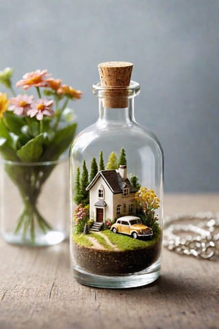 whimsical miniature world contained within a glass bottle. The landscape inside should be lush and vibrant, with rolling hills, blooming flowers, and perhaps a quaint cottage nestled among the greenery. Raindrops gently fall around the cottage, creating a cozy and magical atmosphere. Outside the bottle, a vintage car is parked, hinting at an intriguing backstory. The cork stopper is partially open, delicate golden chain or clasp. Bring this enchanting ultra HD 64k