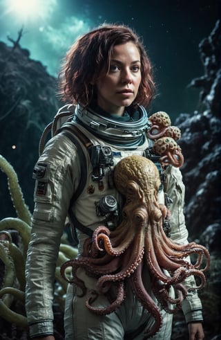 full-body, a beautiful astronaut has a small octopus-like creature on her shoulder tendrils around her neck ,(highly detailed close photography), cinematic colors, texture, film grain, a desolated alien planet with 2 suns in the sky, the surface is a swamp with lots of slimy tentacles coming out of it, extraterrestrial environment, dark vibes, gloomy hyper detailed, vibrant colours, epic composition, official art, unity 8k wallpaper, ultra detailed, beautiful and aesthetic, masterpiece, best quality