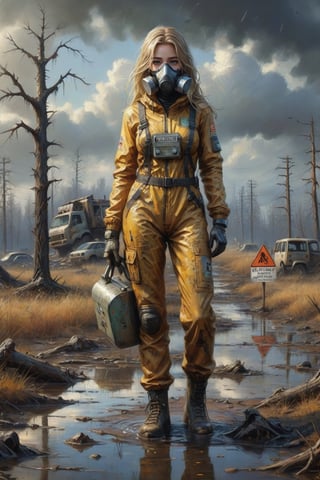 Photorealistic, Award Winning, Ultra Realistic, 8k, of a stunningly beautiful half-naked wanderer with a respirator standing near a puddle of radioactive waster with a dead body floating in it and a biohazard sign, wearing a destroyed jumpsuit, dead trees and a barren landscape,  amidst the ravages of time and nature."  long blonde hair,  and wears a skimpy broken tec armor with hood,  Masterpiece, ultra highly detailed, digital painting