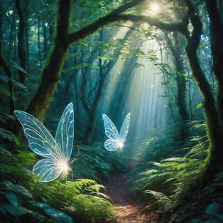
Translucent forest fairies shimmer in the mystical light, their ethereal forms weaving through the enchanted canopy.