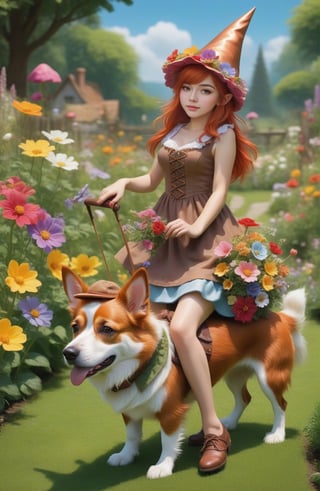 (((full-body))), (masterful),a beautiful adult sexy Gnome,  wearing dress made of flowers, a Gnome hat, a large head, very short legs,  in a garden, with medium breasts, copper_hair, she is riding on a dog
