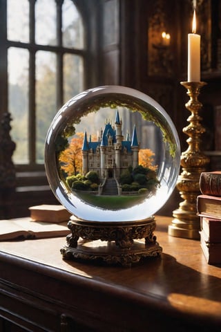 "Craft a captivating image featuring a crystal ball perched on an ornate desk within a grand English castle study. Inside the crystal ball, create a vivid and intricate small world that captures the imagination. This miniature realm should be brimming with magical details—tiny fantastical landscapes, mystical creatures, and enchanting scenes. Use the warm ambient light of the study to enhance the magical aura, casting soft shadows that hint at the mysteries within the crystal ball. The scene should evoke a sense of wonder, blending the old-world charm of the castle study with the otherworldly magic contained within the mesmerizing sphere."
