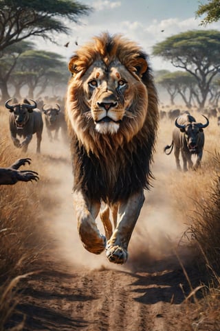
Photorealism/Hyperrealism portrait of  a angered lion running after a wildebeest, with the wildebeest in the foreground, in an open field in the forest, raising dust, ultra-realistic, ultra-realistic, cinematic, uhdr 8k, q2. intricate designs extremely detailed hyperdetailed Diego Gisbert Llorens fantasy, hyper-realistic, intricate detail, double exposure photograph, illustration, detailed matte painting, bright colors, fantastical, intricate detail, splash screen, colors, fantasy concept art, 8k resolution trending on Artstation Unreal,detailed matte painting, deep color, fantastical