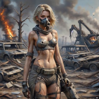 Photorealistic, Award Winning, Ultra Realistic, 8k, of a stunningly beautiful half-naked female wanderer with a respirator standing near a destroyed neighborhood  and a broken swingset, wearing a skimpy ripped and torn destroyed jumpsuit, a burning futuristic tank is in the background,  dead trees and a barren landscape,  amidst the ravages of time and nature."  long blonde hair,  and wears a skimpy broken tec armor with hood,  Masterpiece, ultra highly detailed, digital painting