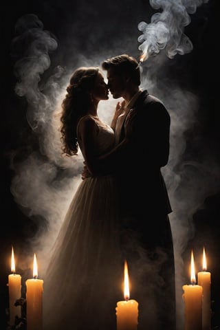 Create a Realistic depiction of a romantic couple formed by candle smoke, the lovers emerge above the candle amidst the smoke, the image is highly accurate and looks lifelike. The background is dark and contrasting.