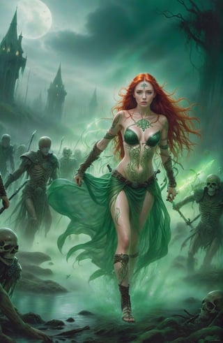  half_naked Celtic woman with long red hair being chased by rotten male skeletons in a swamp),  she has a long glowing wizard staff and wearing Celtic armor and a tiara, in the fog, every inch of her body is covered in Celtic tattoos, she has body paint on her breasts but not her nipples, you can see her shoes, green mist flows through and around her body,  she is engulfed in swirling green lights, very long legs, an hourglass figure, show feet, and Celtic shoes, she is standing you can see her shoes, 
, detailed background, dark night))), [SEP] 
 freckled pale skin, shoulder length hair, In a sinister crumbling city.,