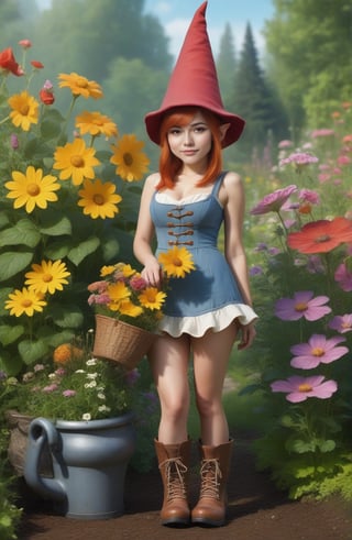 (((full-body))), (masterful),a beautiful adult sexy Gnome,  wearing dress made of flowers, a Gnome hat, a large head, very short legs,  in a garden, with medium breasts, copper_hair, standing next to a enormous boot almost as tall as she is