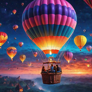 Generate a 3D, hyper-realistic, oil painting, airbrushed, vivid detailed, image of a beautiful woman riding in a neon, luminescent hot air balloon, the scene is at night, there are other hot air balloons afloat. Use the RenderMan renderer. 3D. digital art. High definition, high contrast, high color saturation.