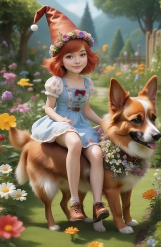 (((full-body))), (masterful),a beautiful adult sexy Gnome,  wearing dress made of flowers, a Gnome hat, a large head, very short legs,  in a garden, with medium breasts, copper_hair, she is riding on a dog
