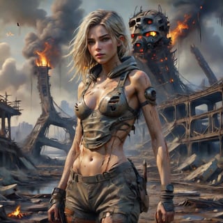 Photorealistic, Award Winning, Ultra Realistic, 8k, of a stunningly beautiful half-naked female wanderer with a respirator standing near a destroyed and  broken bridge, wearing a skimpy ripped and torn destroyed jumpsuit, a burning futuristic tank is in the background,  dead trees and a barren landscape,  amidst the ravages of time and nature."  long blonde hair,  and wears a skimpy broken tec armor with hood,  Masterpiece, ultra highly detailed, digital painting