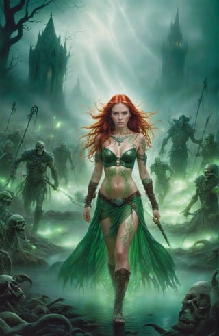  half_naked Celtic woman with long red hair and a  long glowing wizard staff is being chased by rotten male zombie and skeletons in a swamp),   wearing Celtic armor and a tiara, in the fog, every inch of her body is covered in Celtic tattoos, she has body paint on her breasts but not her nipples, you can see her shoes, green mist flows through and around her body,  she is engulfed in swirling green lights, very long legs, an hourglass figure, show feet, and Celtic shoes, she is standing you can see her shoes, 
, detailed background, dark night))), [SEP] 
 freckled pale skin, shoulder length hair, In a sinister crumbling city.,