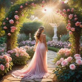 An image of a rose garden enveloped in ethereal magic, with a glowing goddess presence illuminating the scene. The focal point is the radiant goddess, her figure surrounded by a soft, luminous glow that casts a spellbinding aura over the garden. Amidst the lush greenery, vibrant roses bloom in an array of colors, their petals seemingly infused with otherworldly light. The garden is suffused with a dreamlike atmosphere, with tendrils of magic weaving through the air, creating a sense of enchantment and wonder. Soft hues of pink, purple, and gold bathe the scene in a celestial light, evoking a sense of serenity and awe. Leading lines formed by the twisting vines and pathways draw the viewer's eye towards the goddess, emphasizing her divine presence. The composition is balanced, with the goddess positioned centrally within the garden, radiating power and grace. Lighting is soft and diffused, casting gentle shadows that add depth and dimension to the scene. The perspective is slightly elevated, offering a mystical view of the garden and its celestial inhabitant. The style is fantastical, capturing the magic and beauty of the moment with spellbinding detail.