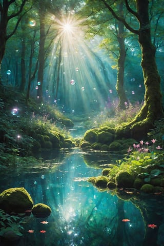 make a picture depicting a magical and serene forest atmosphere, illuminated by a slight sunlight shining through the dense foliage, there are four figures, looking like fairies playing, near a small pond surrounded by lush green trees. many light balls or bubbles float in the air, adding to the mystical aura,fairies wear blue,red,and purple clothes,which flow and seem to interact with the balls of light. Sunlight penetrates slightly into the trees, creating a bright light that illuminates parts of the forest surface and the soft green water. , the whole atmosphere of this picture is captivating, serene, and as if it was from another world.
