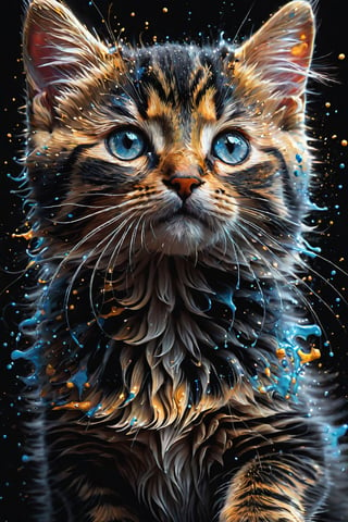 (a cute kitten), Hyperdetailed Eyes, Design, Line Art, Black Background, Ultra Detailed Artistic, Detailed Gorgeous Face, Natural Skin, Water Splash, Colour Splash Art, Fire and Ice, Splatter, Black Ink, Liquid Melting, Dreamy, Glowing, Glamour, Glimmer, Shadows, Oil On Canvas, Brush Strokes, Smooth, Ultra High Definition, 8k, Unreal Engine 5, Ultra Sharp Focus, Intricate Artwork Masterpiece, Ominous, Golden Ratio, Highly Detailed, Vibrant, Production Cinematic Character Render, Ultra High Quality Model