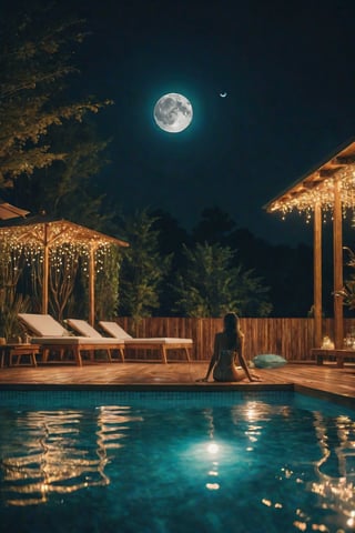 outdoor pool at night; the pool is illuminated underwater; Fairy lights shine on wooden decorations around the pool; Moon; Close-up of a woman in the pool; UHD; lacquer style; photo