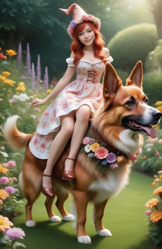 (((full-body))), (masterful),a beautiful adult sexy Gnome,  wearing dress made of flowers, a Gnome hat, a large head, very short legs,  in a garden, with medium breasts, copper_hair, she is riding on a big dog
