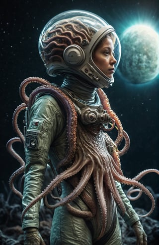 full-body, a beautiful astronaut there is a small octopus-like Alien creature on her shoulder with its tentacles around her neck , She is trying to speak (highly detailed close photography), cinematic colors, texture, film grain, a desolated alien planet with 2 suns in the sky, the surface is a swamp with lots of slimy tentacles coming out of it, extraterrestrial environment, dark vibes, gloomy hyper detailed, vibrant colours, epic composition, official art, unity 8k wallpaper, ultra detailed, beautiful and aesthetic, masterpiece, best quality