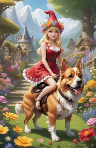 (((full-body))), (masterful),a beautiful adult sexy Gnome,  wearing dress made of flowers, a Gnome hat, a large head, very short legs,  in a garden, with medium breasts, gold_hair, she is riding on a big dog