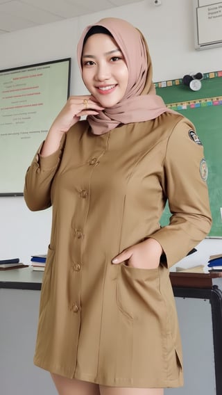 PNS, guru, super realistic 3/4 shot, passionate pose, professional photography portrait of a 28 year old female teacher in a classroom, very realistic skin, cinematic lighting, very original hijab fabric details, holding a book, scout clothing, transparent button-up shirt with right and left pockets, long slave, perfect body,long tight plain skirt, (big boob), (perfect hips), tight cotton dress, smiling, looking at the camera, (masterpiece :1.0), (best quality: 1.0), beautiful, (intricate details), unity 8k wallpaper, very detailed and really lights up the realistic room,SkinDetail, Hijab,SDXL,m1la