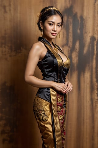 1girl, 175cm, vietnamese model, golden Chinese headress, very wet skin, horny facial expression, 23 years old, soft body, black hair, wavy hair,whole body, hair reaches waist, whole body,((head to leg)), black bracelets, black chain,((wearing Kebaya)), floral pattern long skirt, large earrings,close-up, 8k, RAW photo, best quality, masterpiece,realistic, elegant standing pose, photo-realistic,seductive,cute,royal kingdom background, big boobs, rchelcia,