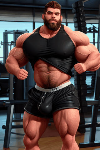 sexy hairy man with muscles in shiny black gym clothes huge bulge in shorts