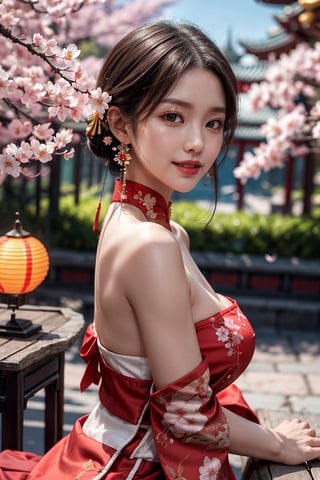 full long side view,
1girl, yae miko, gigantic breast,wide hip,upper body,wide waist,bare shoulders, short hair, Chinese cleavage opening qipao , best quality, (hair ornament:1.35), jewelry, earrings, cherry blossoms, lantern light, depth of field, detailed face, face focus, ribbon_trim, (looking at viewer:1.25), nontraditional miko, shiny skin,  naked_sleeves, big smile , thick lips, hands on lips, (blurry background:1.2), sitting, upper body, Chinese style,perfect