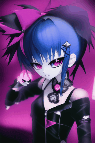 3D,Goth,spinning,anime-doll,sly anime_eyes,smug,punk_hair,slender body,doll joints,punk accessories, intricate,ornate ,soft_illumination, city_background, complex colors