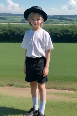 A 8-years-old young Quaker boy with bright blond messy hair, wearing a black broad brimmed hat and a plain collarless shirt and shorts, standing in front of a lush green landscape.