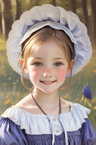 Highly detailed portrait of a young Amish girl, wearing a traditional bonnet and smiling softly, realistic oil painting style by Johannes Vermeer or Albrecht Dürer, intricate details in the fabric of her dress and bonnet, soft lighting to enhance her innocence and purity.