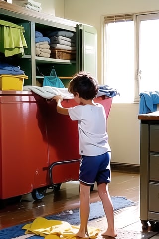 Boy, 12 years old,  messy hair, wearing a t-shirt and shorts, barefoot, putting away his laundry.